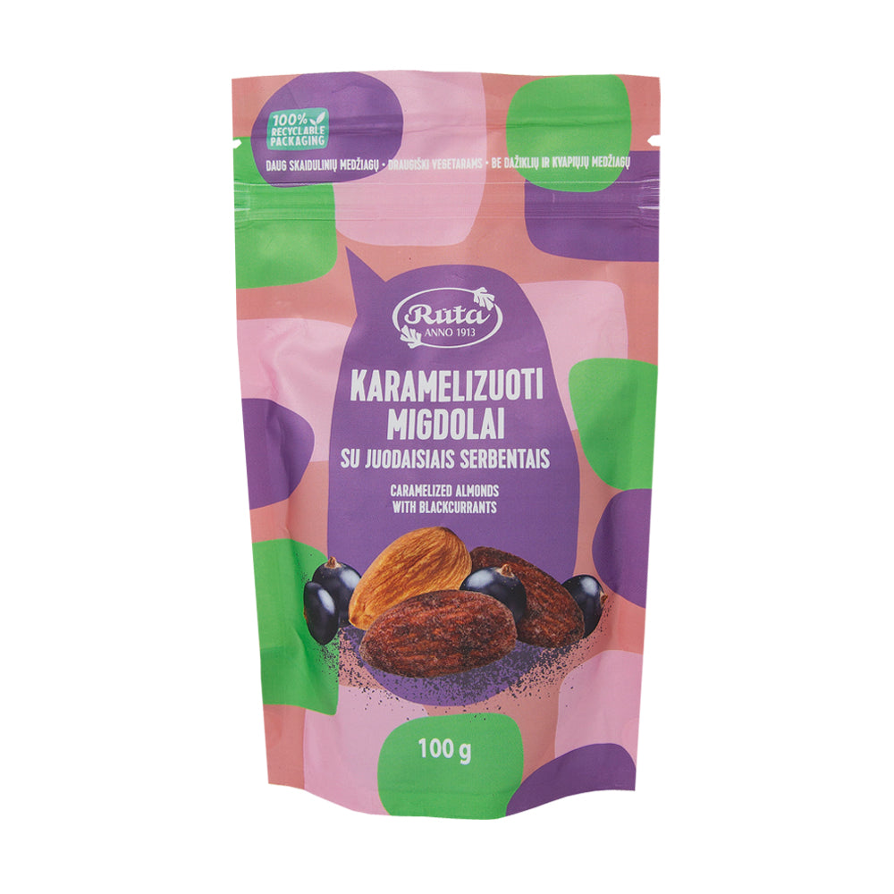 Karamelizuoti migdolai su juodaisiais serbentais