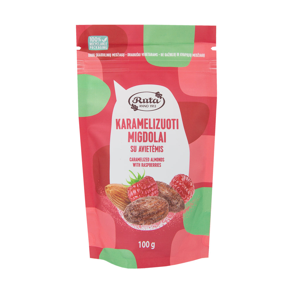 Karamelizuoti migdolai su avietėmis