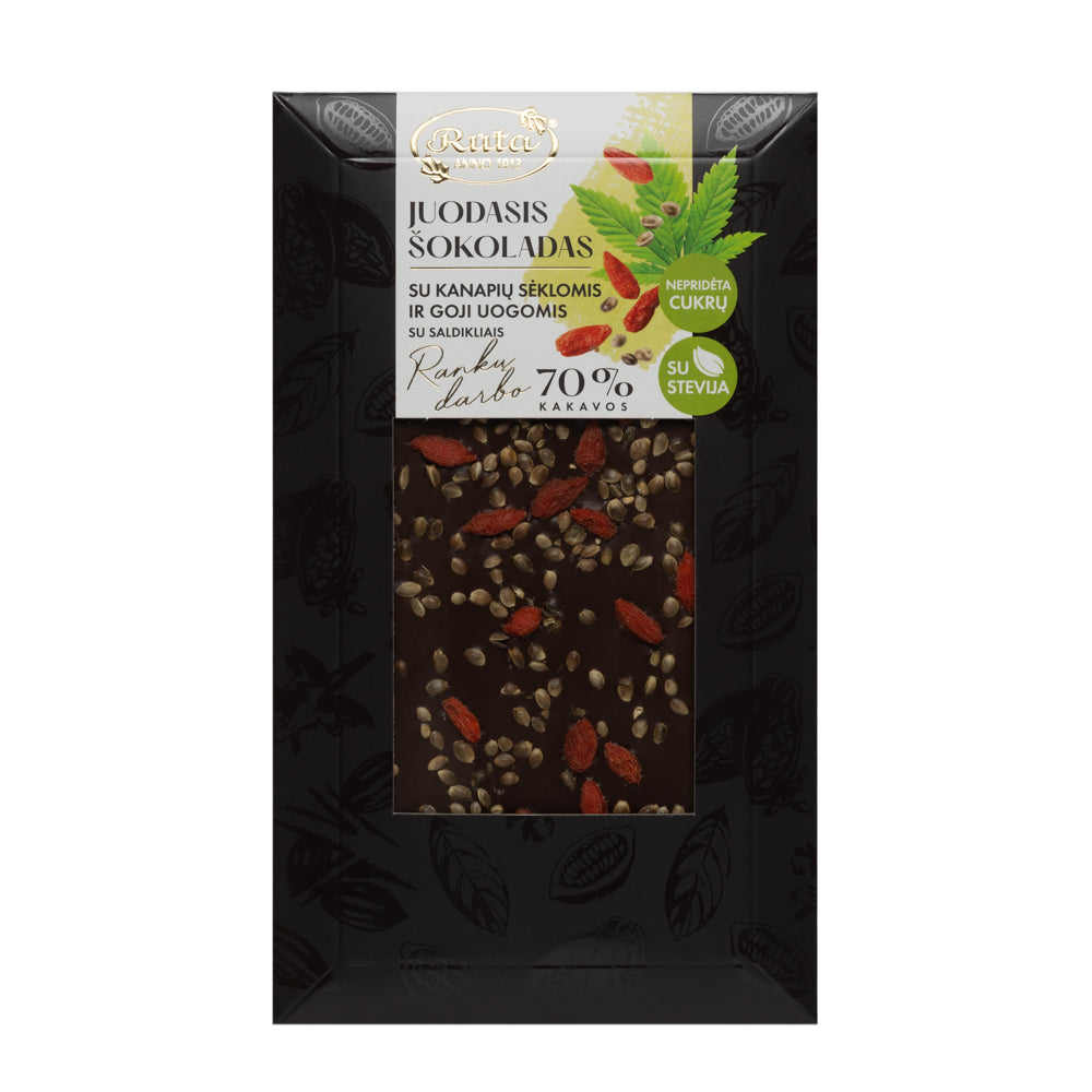 Šokoladas su stevija, kanapių sėklomis ir goji uogomis