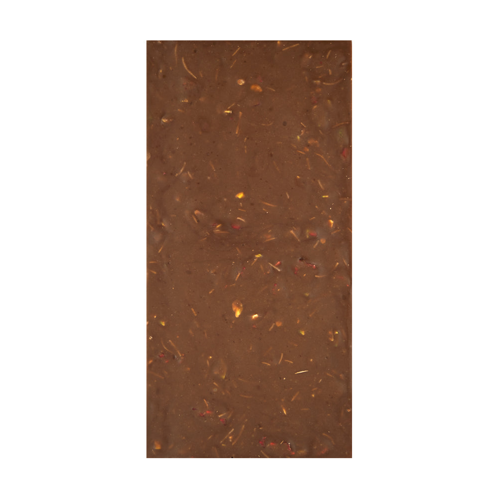 Pieninis šokoladas su Kadayif tešla, pistacijomis ir avietėmis