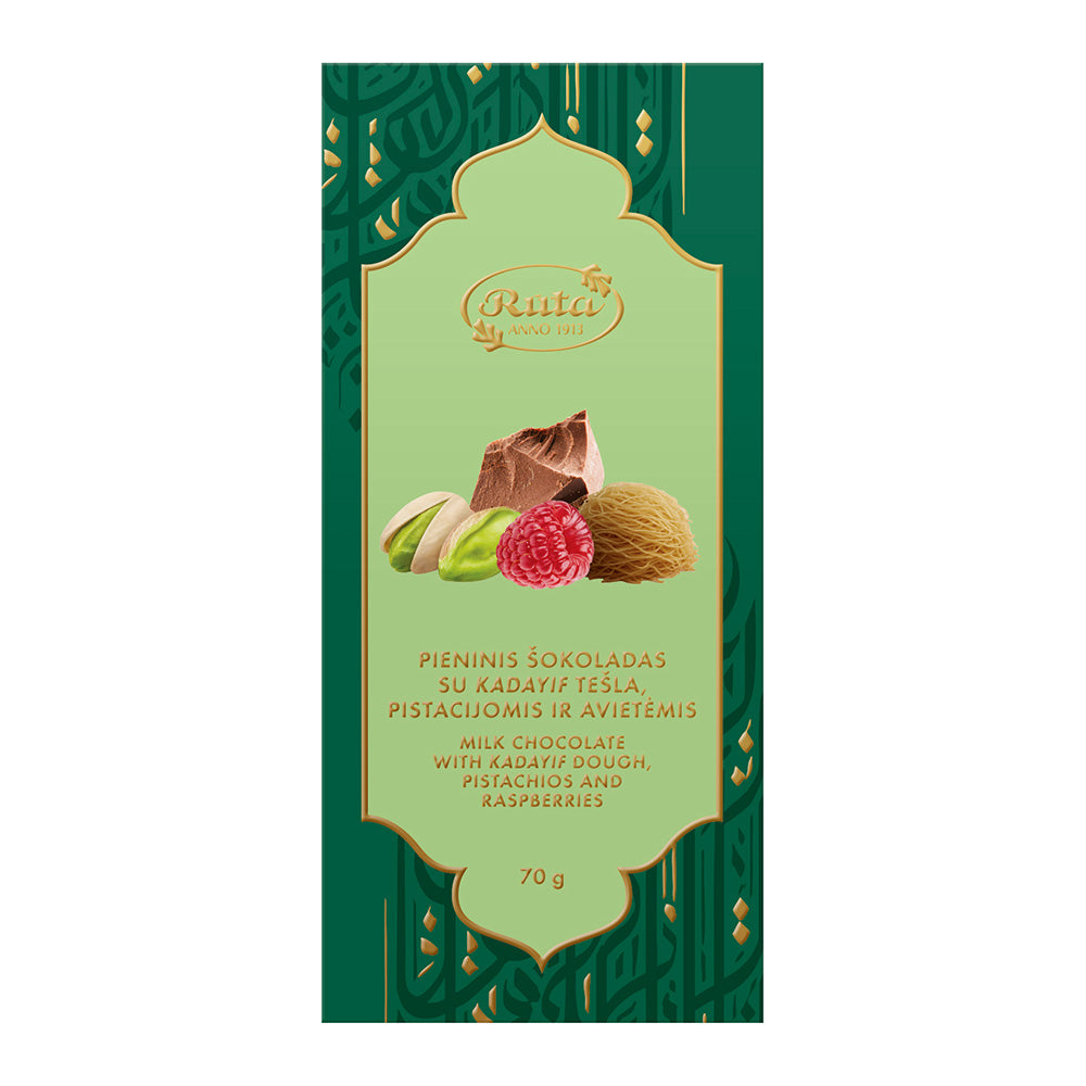 Pieninis šokoladas su Kadayif tešla, pistacijomis ir avietėmis