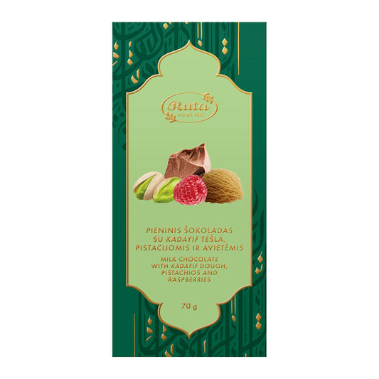 Pieninis šokoladas su Kadayif tešla, pistacijomis ir avietėmis