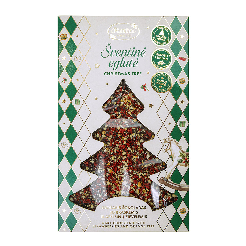 Juodasis šokoladas (50 %) su braškėmis ir apelsinų žievelėmis „Šventinė eglutė“,