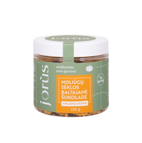 Apelsinų skonio moliūgų sėklos baltajame šokolade