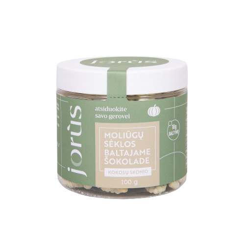 Kokosų skonio moliūgų sėklos baltajame šokolade
